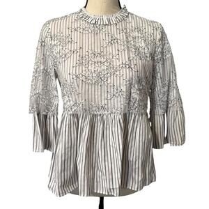 Zara Black & White Striped Blouse with Lace Overlay Size S